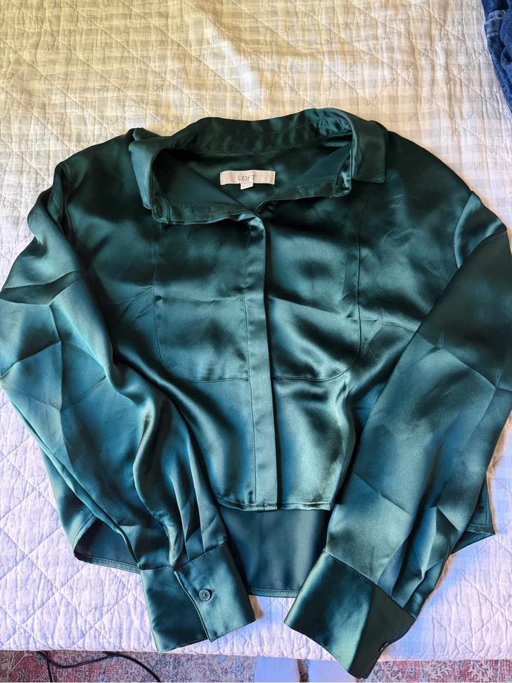 LOFT Satin Green Button-Front Shirt